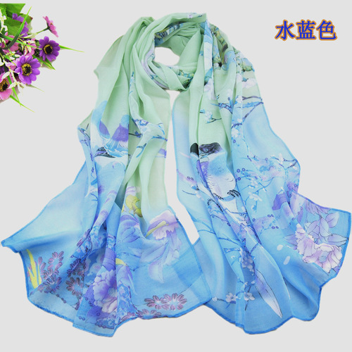 Spring and summer new style silk scarf with magpie heralding spring pattern, women's chiffon long scarf, wholesale from Yiwu small scarves and shawls