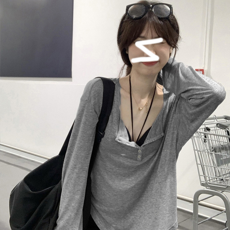 Sweet Hot Girl Half Open Collar Thin Spring and Autumn Long Sleeve Blouse Women's 2025 Summer New Loose Slim Top
