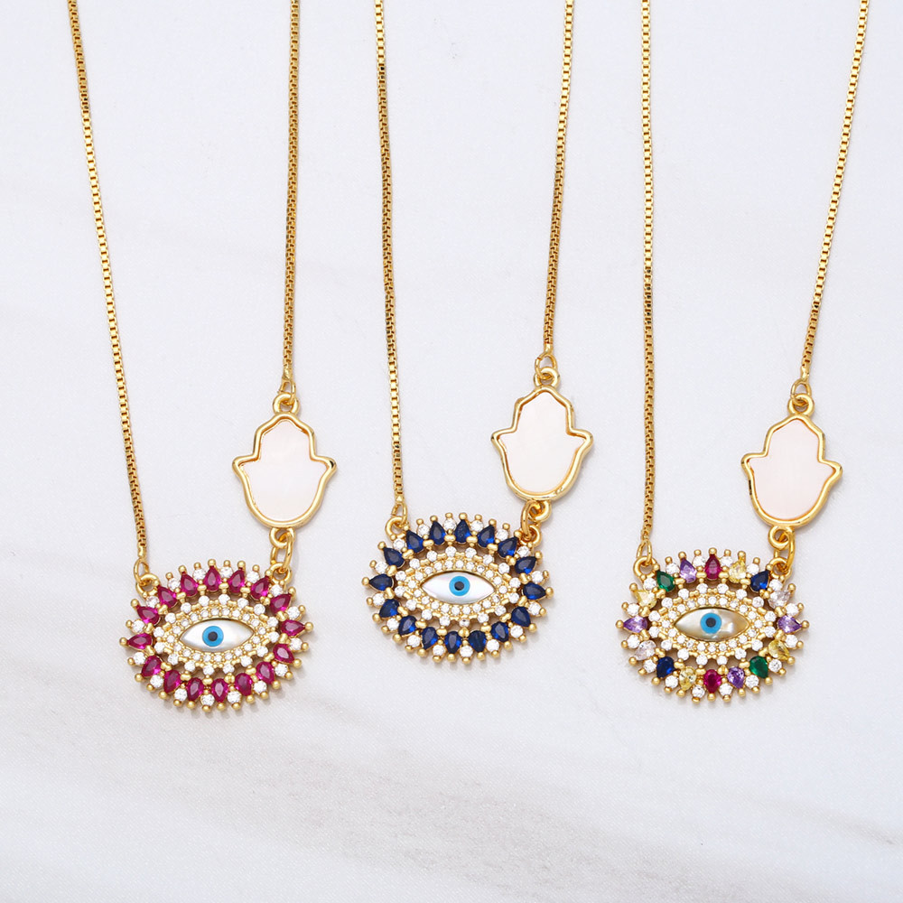 creative fashion devilu0027s eye stitching hand of Fatima pendant copper necklace