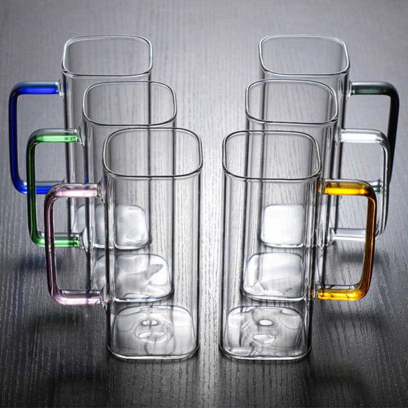 손잡이가 있는 고붕규산 유리 간단한 사각형 단층 컵, 전기 세라믹 스토브로 가열 가능, 고온 방지 가정용 마시는 컵