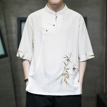 夏季新款中国风竹叶刺绣拼接古装男装T恤复古八卦扣五分袖上衣男
