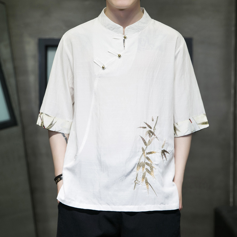 夏季新款中国风竹叶刺绣拼接古装男装T恤复古八卦扣五分袖上衣男