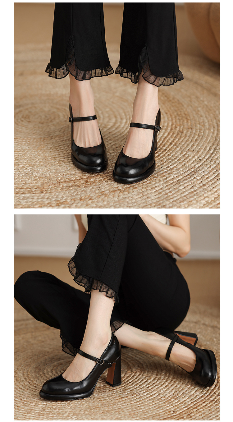 Giày cao gót nữ da bò mũi nhọn gót vuông 8,6 cm quai đơn Mary Jane — Da cừu màu đen chi tiết 5