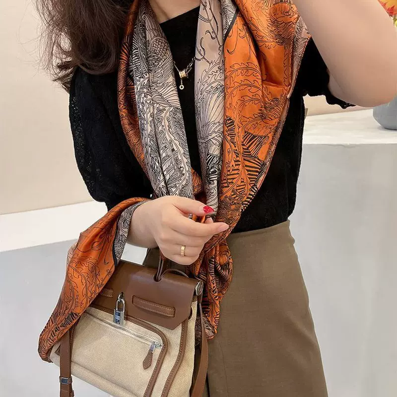 秘林爱马橘气质真丝女春秋季韩版百搭缎面方巾桑蚕丝丝巾披肩