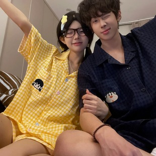 2025 New Couple Pajamas Women's Summer Cloud Cotton Line Dog Plaid Short-Sleeved Men's Home Wear Set Ins Style
