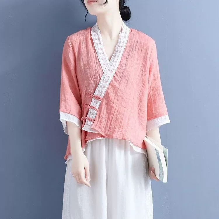 Художественная Женская тонкая рубашка в стиле ретро с рукавом из семи точек и V-образным вырезом, новый летний кардиган, дизайнерская рубашка из хлопка и льна