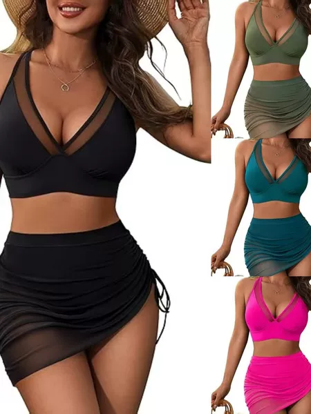 2026 New Bikini Cross-Border European and American Style Mesh Drawstring Slimming Sexy Figure-Flattering One-Piece Bikini Two-Piece Swimsuit