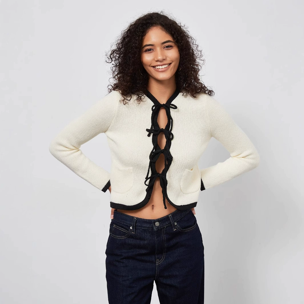 Трансграничная электрическая коммерция женская одежда оптом европейский и американский стиль мода бант вязаный кардиган осень новый цвет контрастный свитер