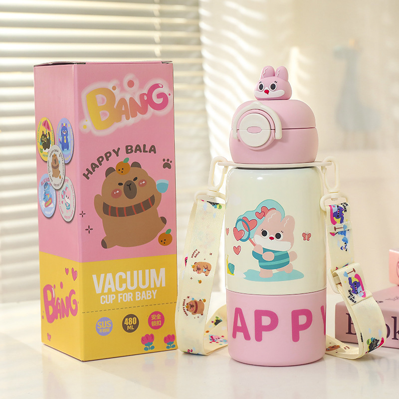 子供の新しいダブルドリンク魔法瓶カップ 316 ステンレス鋼かわいい人形ストローカップ学生ポータブルストリングウォーターカップ|undefined