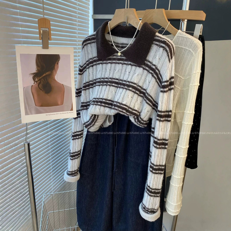 Casual everyday wear: Korean Dongdaemun-style polo-neck, loose-fitting striped wool sweater for women, autumn knit top