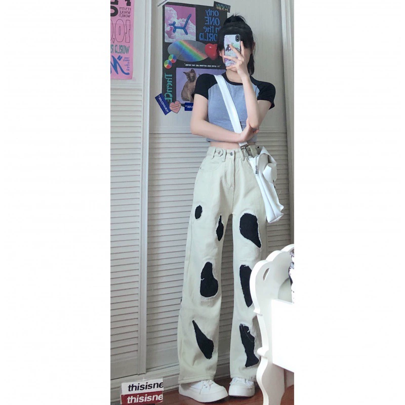 Реальный выстрел по реальной цене! Американские высокие уличные наклейки толстые MM нишевые прямые джинсы с высокой талией женские сезонные свободные длинные брюки