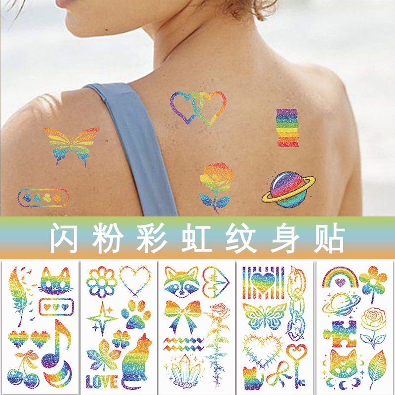 10 sheets Glitter Material Rainbow Tattoo Sticker Painted Cartoon Face Arm Party Temporary Waterproof Tattoo Sticker