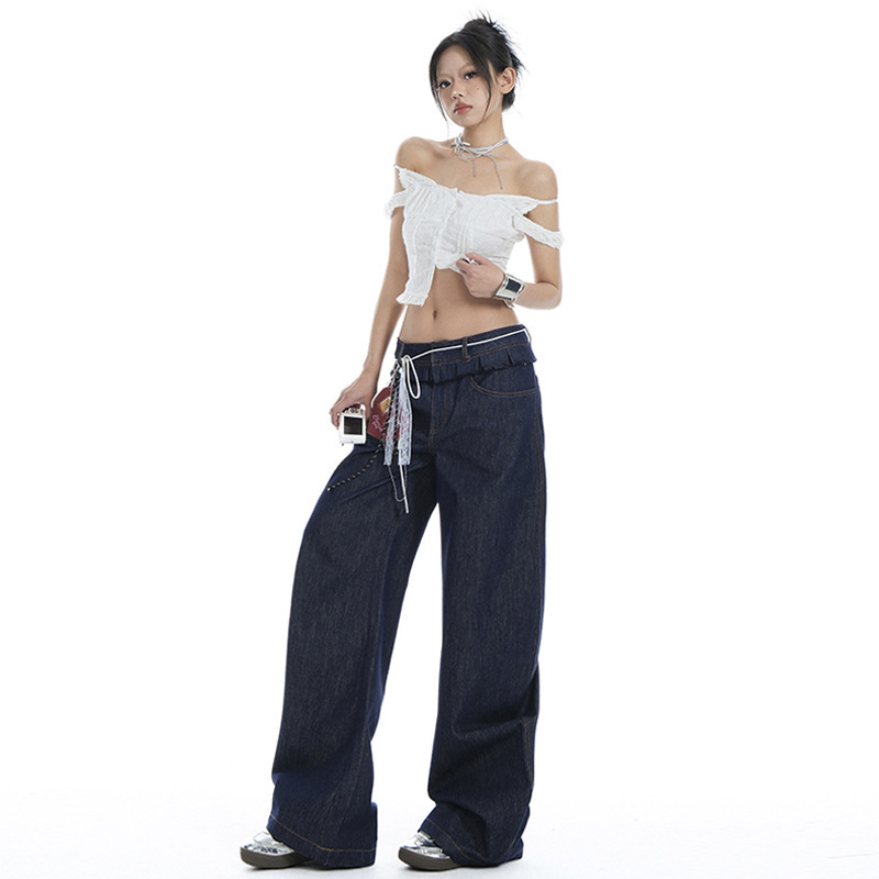 [Jinyin] American Spice Girl's Ear-rimmed Double Waist Design Machete Pants All-match Slimming Jeans Spring New Product
