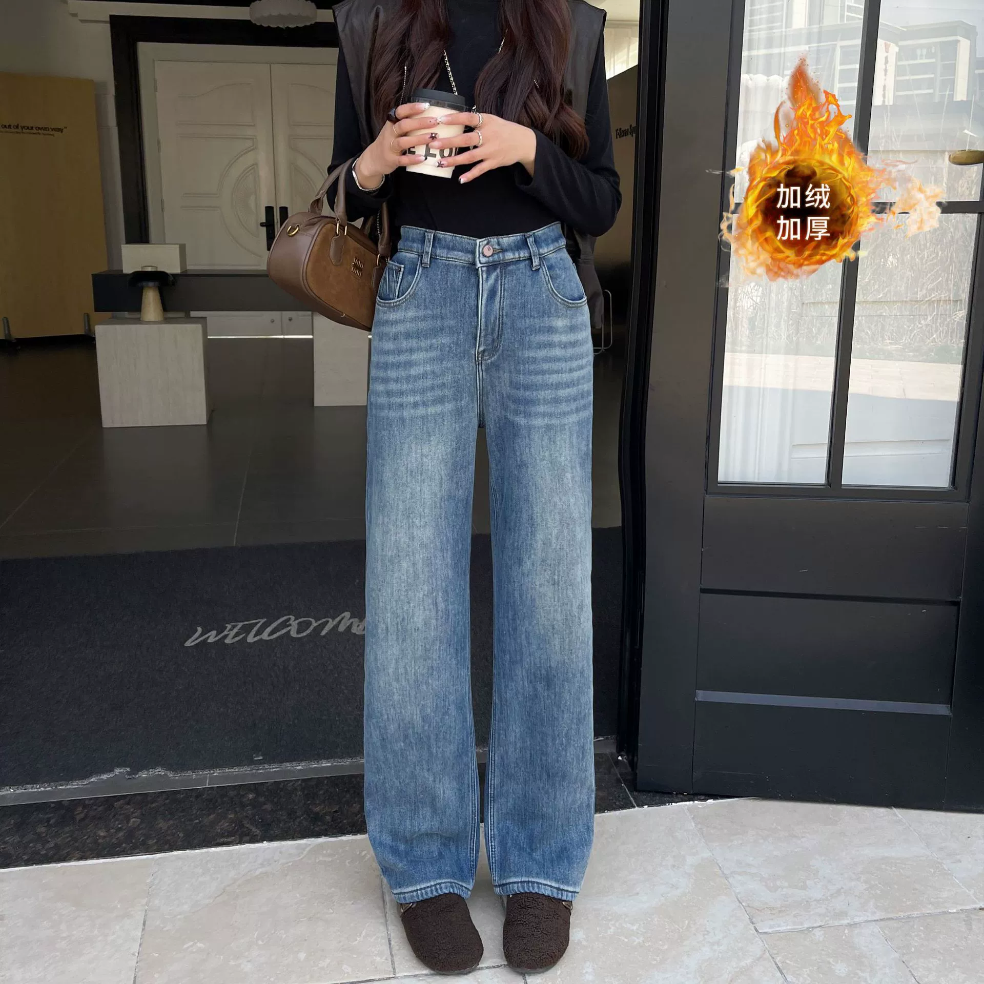 Осенние демисезонные флисовые джинсовые casual брюки, большой размер, slim/облегающие, свободный прямой покрой, оверсайз