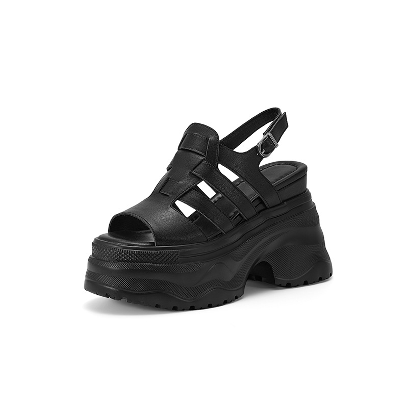 Sandal cao gót nữ da thật mũi hở gót platform 12cm — màu đen, màu trắng ngà