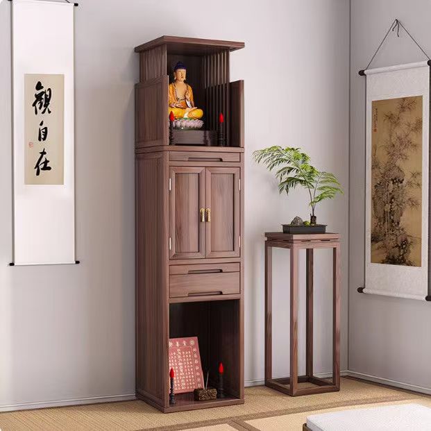 New Chinese-Style Solid Wood Altar Cabinet Double-Layer Household Old Elm Buddha Niche Vertical Wall-Mounted Altar Cabinet with Doors for Storage