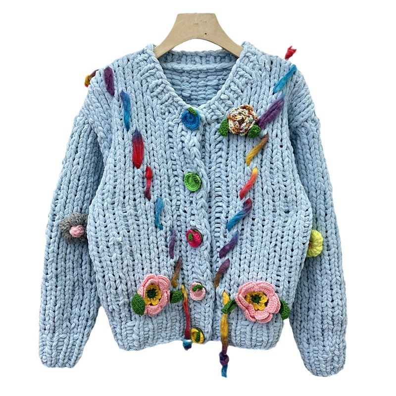 Otoño y invierno nuevos flores tridimensionales de manga larga gruesa aguja de punto cardigan suéter suelto abrigo de moda image 5
