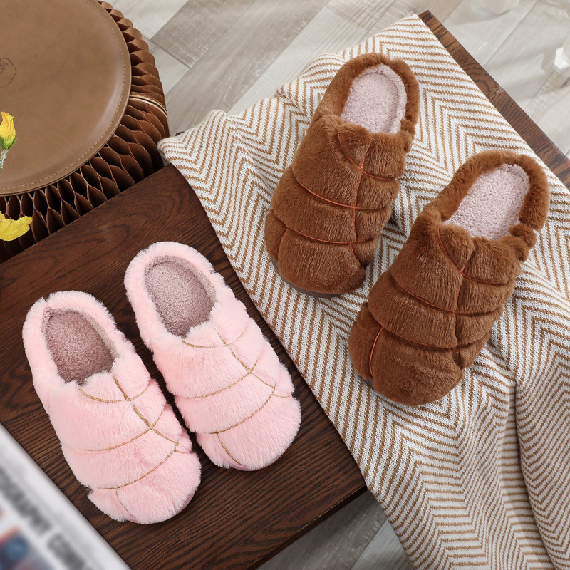 Cross-Border Christmas Cute Bread Concha Cotton Slippers for Women Indoor Non-Slip Autumn and Winter Warm Furry Shoes in Stock