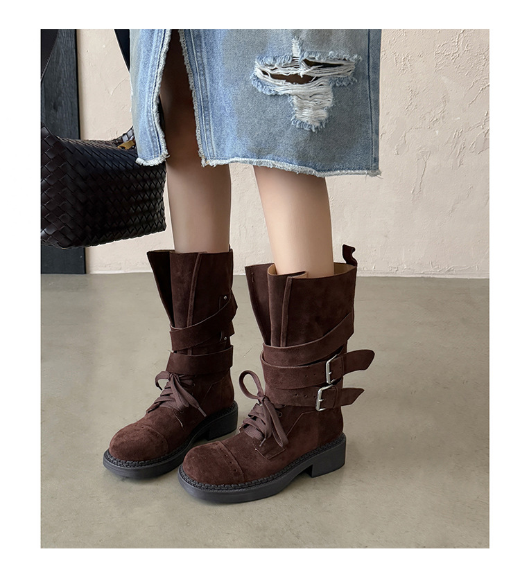 Boot cao bồi cổ trung bình da bò lộn phong cách retro, gót thấp khóa thắt lưng — đen, màu nâu sẫm, kaki chi tiết 25