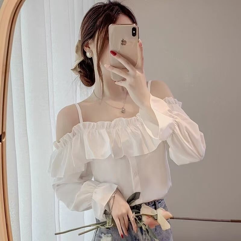 Spring and Autumn Lace Blouse Women's 2026 New Summer Off-Shoulder Long Sleeve Top Shirt