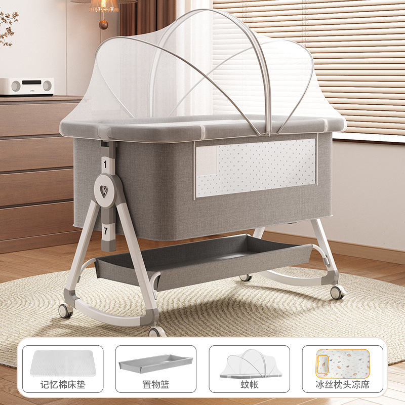 Cama de cuna plegable móvil ajustable de altura, cama de bebé portátil, cama de empalme para bebé multifuncional