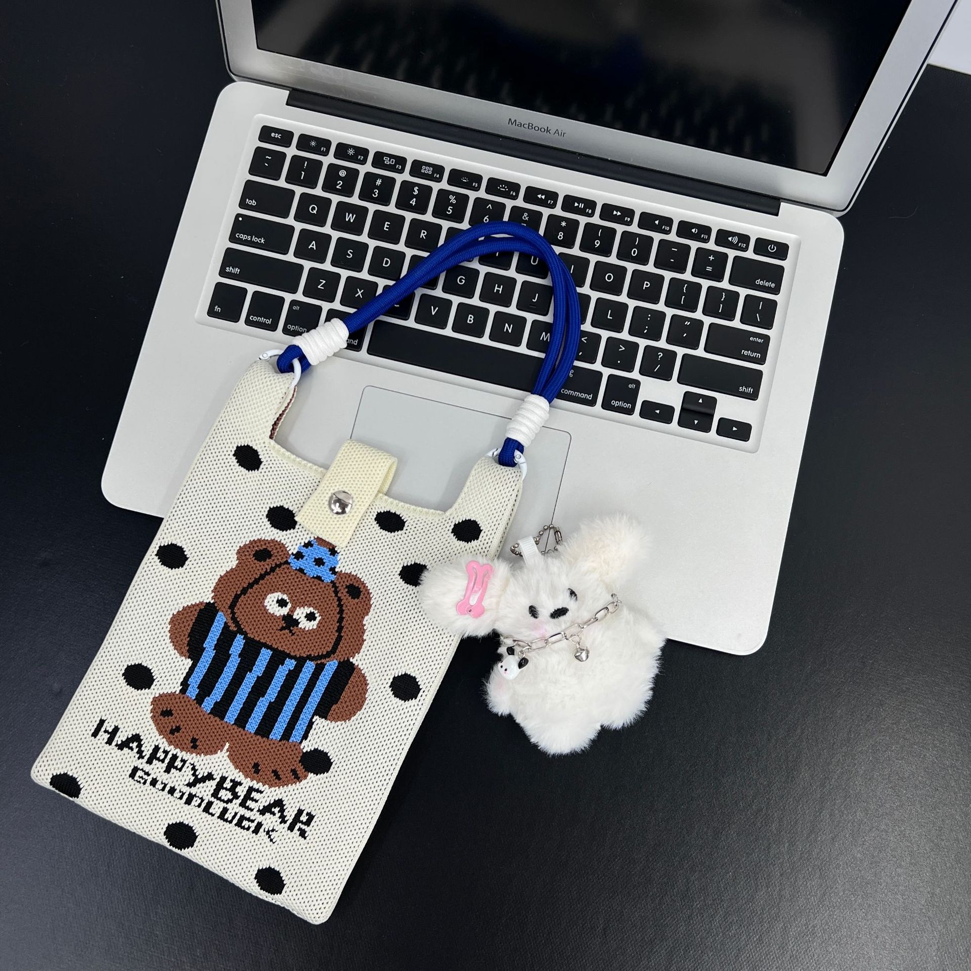 H-다크블루 대마줄 모자 물방울곰 + 목걸이개