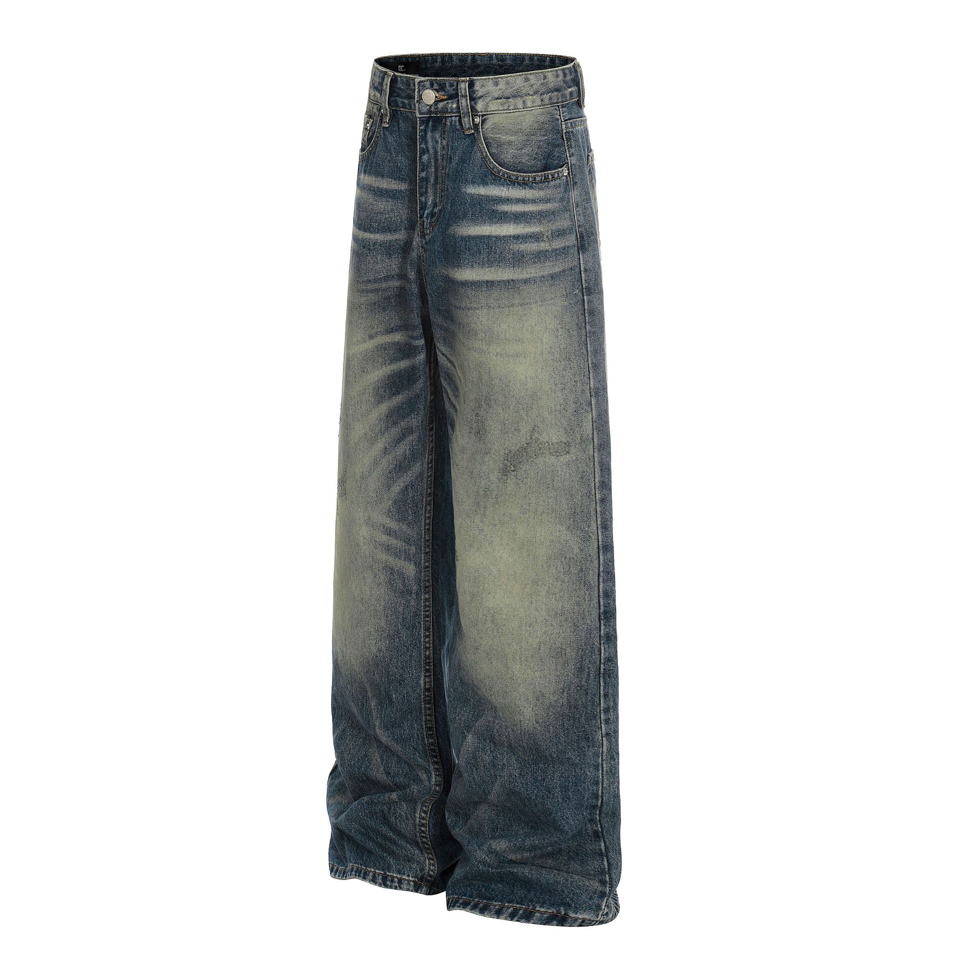 Premium Washed Retro Old Blue Denim Jeans Loose Fit High Street Style For Men And Women_voghion.com