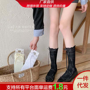 Summer Hollow Lace Bow Mid-Calf Socks Ballet Style with Small Leather Shoes and Socks for Women Thin Pile Socks for Women