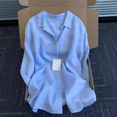 French-style artistic linen blue women's early spring and summer retro loose-fitting slimming casual long-sleeved sun-protective cotton linen top