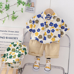 Boys' Summer Outfit 2023 New Trendy Baby Full Print Small Flower Shirt Clothes Fashion Children Summer Short Sleeve Set