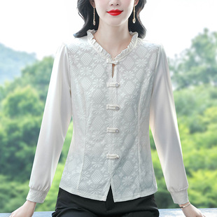 New Chinese-style Button Chiffon Shirt Women's Long-sleeved Shirt Spring New Red National Style Top Mama Jacquard Shirt