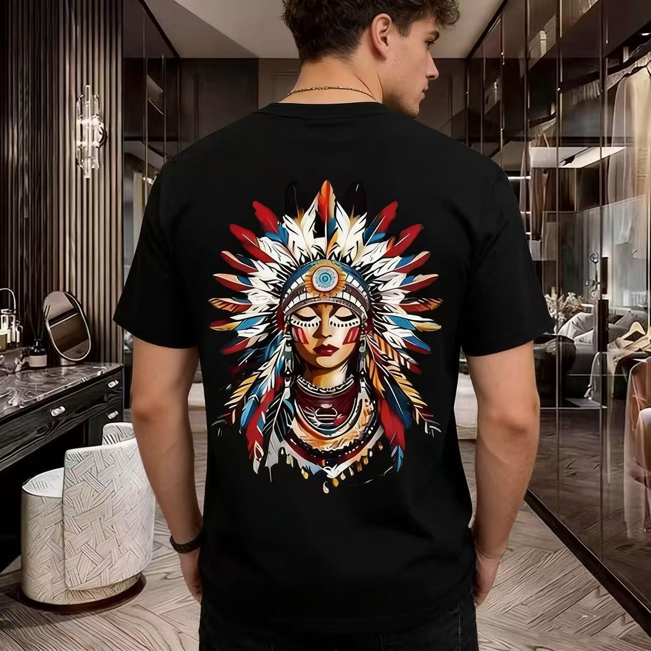 Camiseta unisex retro estampado jefe indio y plumas algodón_voghion.com