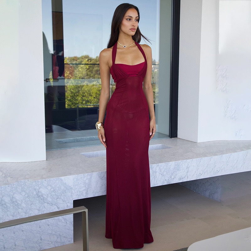 2024 verano nueva estación independiente de ropa de mujer europea y americana temperamento sexy cuello colgante delgado empalme mochila vestido de cadera