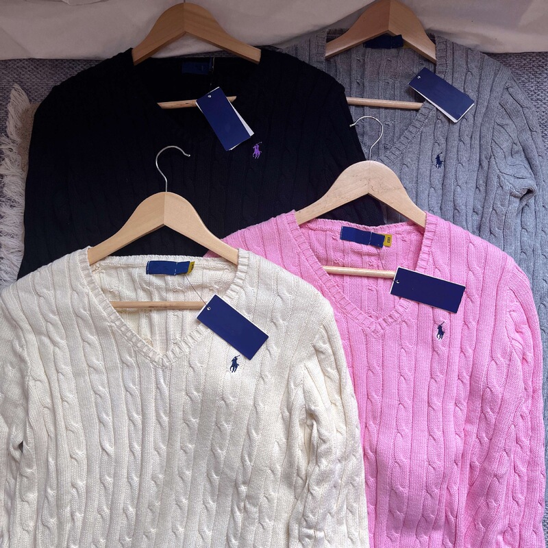 Foreign Trade Original Sweep Size Pony Embroidery Vintage Twist Long Sleeve V-Neck Knitted Cotton Sweater Versatile Classic