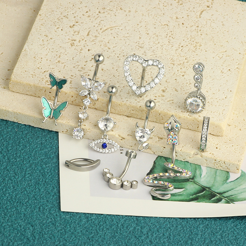 Rose Gold Stainless Steel Inlaid Zircon Belly Button Ring Love Full Diamond Belly Nail Butterfly Piercing Jewelry 10-Piece Set detail image 14