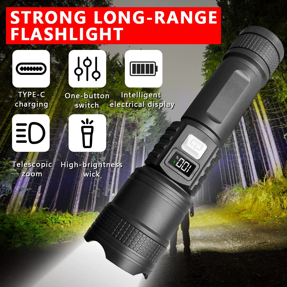 Популярный телескопический зум-фонарь с многофункциональным цифровым дисплеем, долговечный суперяркий поисковый фонарь для активного отдыха
