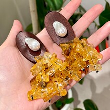 中古木质拼天然石黄水晶流苏耳坠轻奢时尚异形珍珠耳钉女复古耳环
