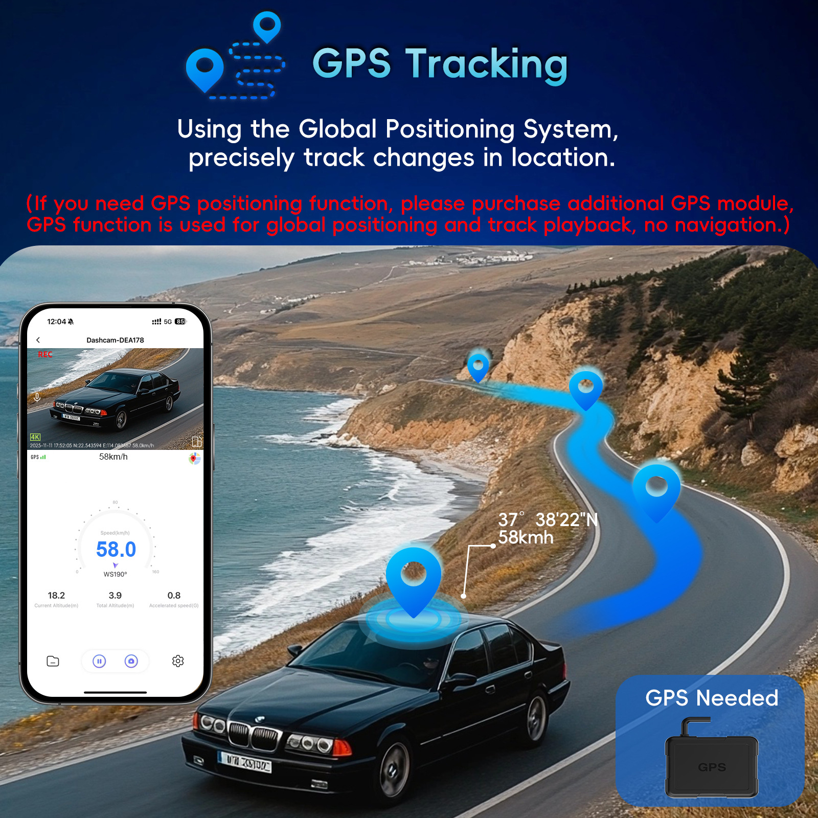 4K+Adas Dual Recording Front and Rear, High-Definition Night Vision, Supports Time-Lapse Recording, Gps Track Tracking, Driving Recorder