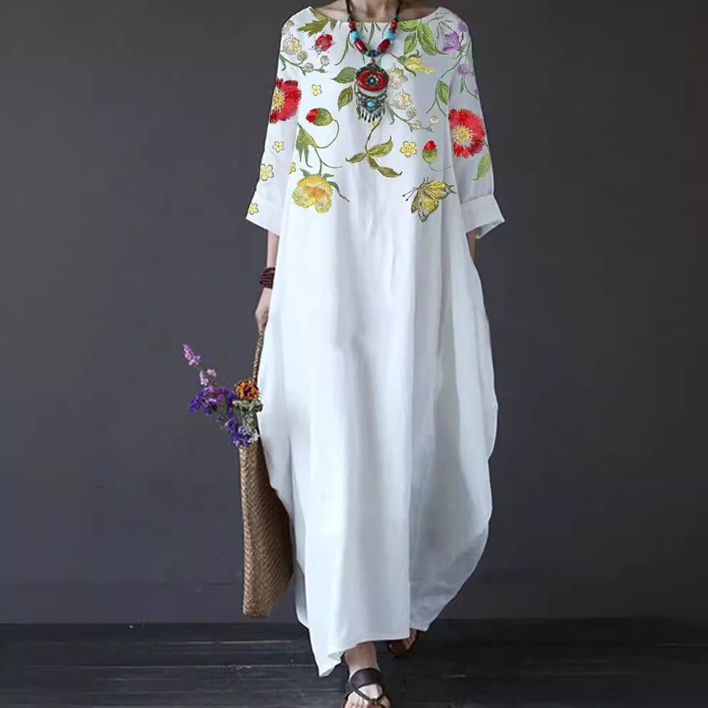 Independent Brand Printed Women's Clothing, European And American Three-quarter Sleeve Midi Dress, Floral Bohemian_ecoleips.com