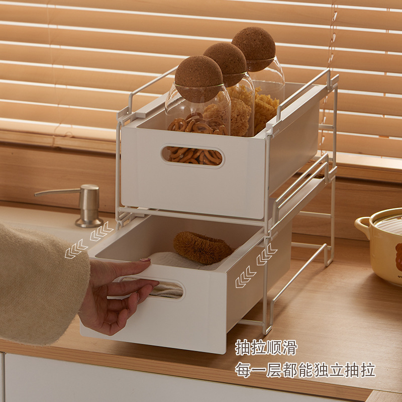 キッチンシンクの下の引き出し式収納ラック、食器、調味料収納ラック、キャビネット内のスナックやおもちゃ、多層バスケット|undefined