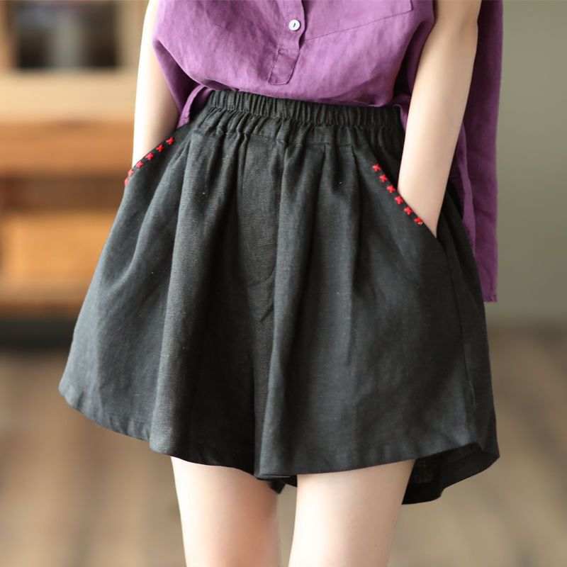 Vintage Cotton and Linen Casual Pants for Women, Elastic Waist, Slimming Wide-Leg Pants, Artistic Embroidery, Loose Summer Versatile Shorts for Women