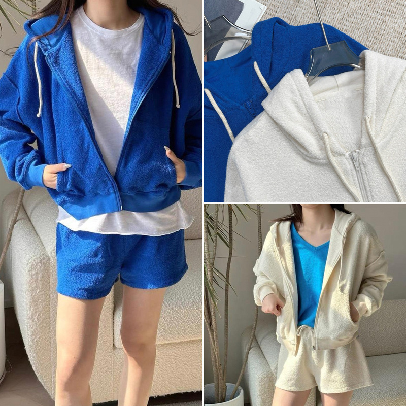 House Hooded Fleece Towel Material Zipper Cardigan Drawstring Pure Cotton Casual Shorts Set for Women