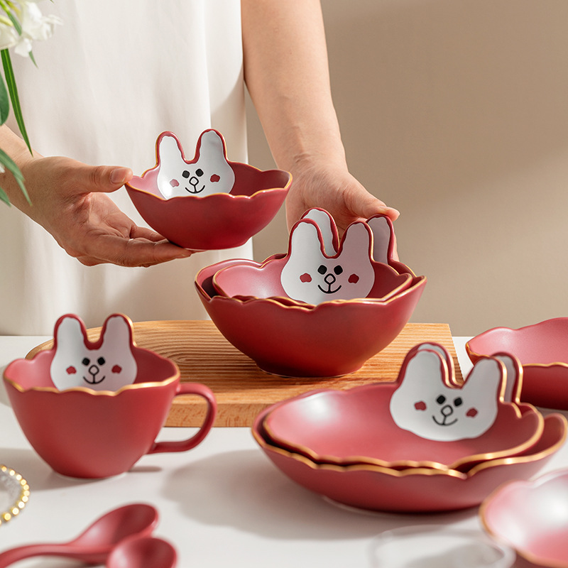 어린이 토끼 그릇 세라믹 창조적 인 소녀 심장 먹는 작은 접시 아침 식사 접시 귀여운 만화 골드 에지 식기