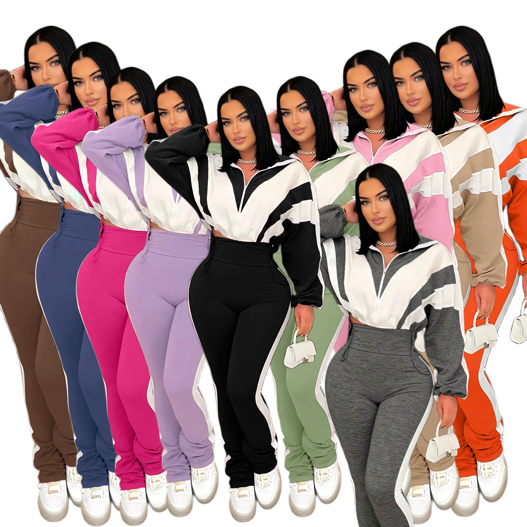 S391403 撞色拼接运动套装 女士时尚休闲高腰长裤+开衫外套两件套