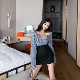 长袖衬衫连衣裙女秋季紧身包臀内搭打底短裙2025新款气质收腰裙子