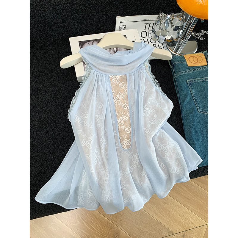 Ruoxin French-Style Chiffon Flutter Collar Lace Patchwork Sleeveless Shirt, Summer Loose-Fitting Elegant Top with Lace Patchwork Ruoxin French-Style Chiffon Flutter Collar Lace Patchwork Sleeveless Shirt, Summer Loose-Fitting Elegant Top with Lace Patchwork