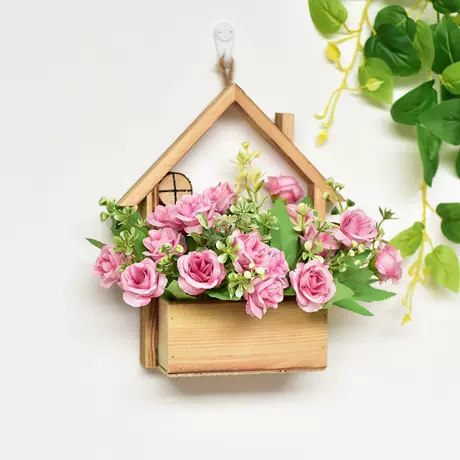 Wooden house + purple pink rose