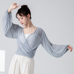 女性用クラシックダンスボディリズム練習服、新しいベルスリーブカーディガン、中国舞踊トップス、メッシュショール、ダンス服、ガーゼ服