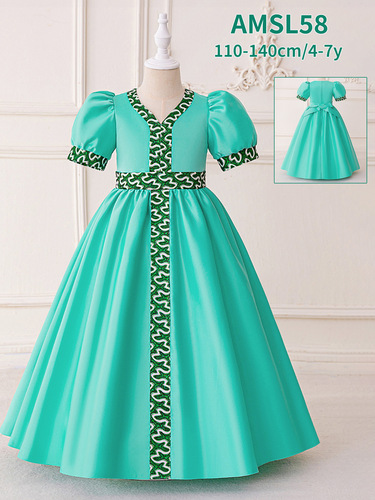 Girls' long robe with patchwork print, mid-length skirt, children's party dress, evening gown, embroidered long-sleeved performance outfit