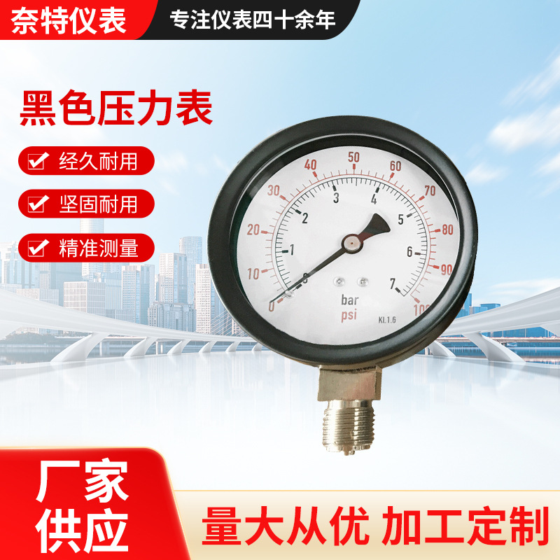 黑色压力表电泳壳表 22方整体大接头 电镀镍 出口包装 无中文字
